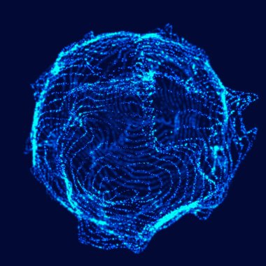 Soyut 3D küre. Bükülme çizgileri olan küre. Logo tasarımını büken parlak çizgiler. Dış uzay nesnesi. Gelecekçi teknoloji tarzı. Küre parçacıkları. 3d oluşturma.