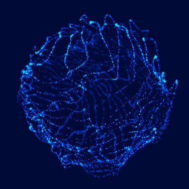 Soyut 3D küre. Bükülme çizgileri olan küre. Logo tasarımını büken parlak çizgiler. Dış uzay nesnesi. Gelecekçi teknoloji tarzı. Küre parçacıkları. 3d oluşturma.