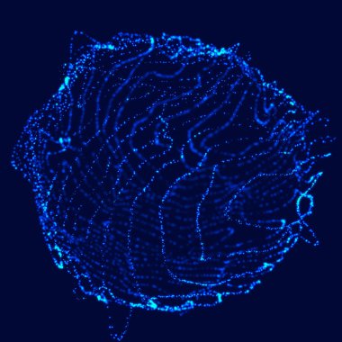 Soyut 3D küre. Bükülme çizgileri olan küre. Logo tasarımını büken parlak çizgiler. Dış uzay nesnesi. Gelecekçi teknoloji tarzı. Küre parçacıkları. 3d oluşturma.