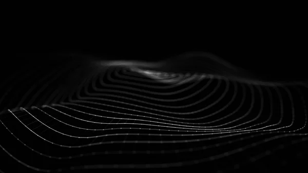 Wave 3d. Een golf van deeltjes. 3D gloeiende abstracte digitale deeltjes achtergrond. Datatechnologie illustratie. Visualisatie van big data. 3d destructie. — Stockfoto
