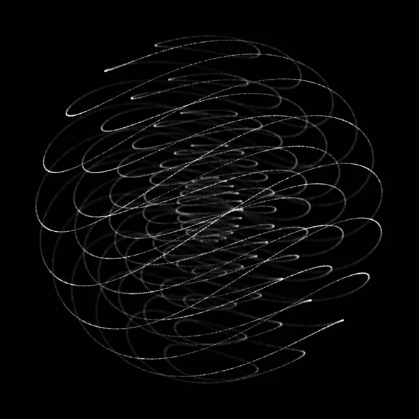 文摘: 3D领域。带扭曲线的球体。光彩夺目的线条扭曲标志的设计.外层空间物体。未来派技术风格。球状粒子。3d渲染. — 图库照片