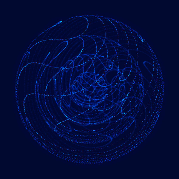 Абстрактная 3d сфера. Сфера с поворотными линиями. Светящиеся линии, скручивающие дизайн логотипа. Объект космоса. Футуристический стиль технологии. Частицы сферы. 3d-рендеринг.