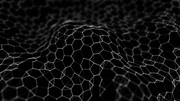 Futuristische zwarte zeshoek achtergrond. Futuristische honingraat concept. Golf van deeltjes. 3D-rendering. Achtergrond van data technologie — Stockfoto
