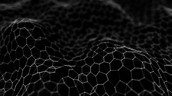 Futuristische zwarte zeshoek achtergrond. Futuristische honingraat concept. Golf van deeltjes. 3D-rendering. Achtergrond van data technologie — Stockfoto