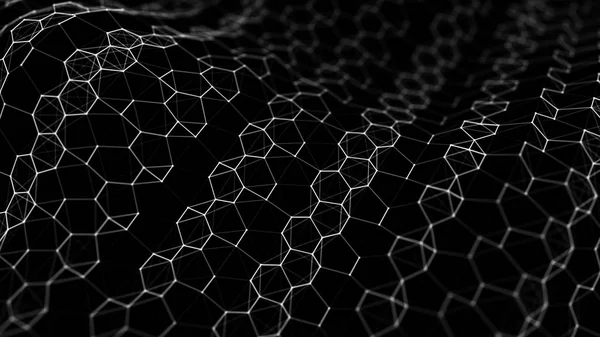 Futuristico sfondo esagonale nero. Futuristico concetto a nido d'ape. Ondata di particelle. rendering 3D. Antecedenti tecnologici — Foto Stock