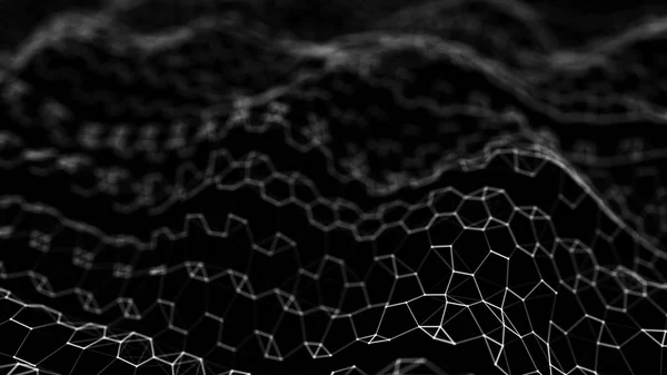 Футуристический черный шестиугольник. Футуристическая концепция сотовых сот. Волна частиц. 3D рендеринг. Данные технологии фона — стоковое фото