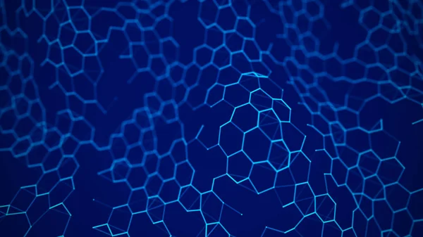 Futuristico sfondo esagonale blu. Futuristico concetto a nido d'ape. Ondata di particelle. rendering 3D. Antecedenti tecnologici — Foto Stock