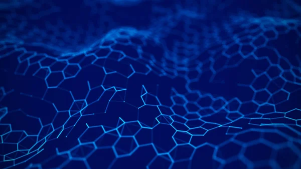 未来的蓝色六边形背景。未来派蜂窝概念。粒子的波涛3D渲染。数据技术背景 — 图库照片