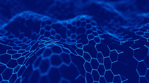 Futuristischer blauer Sechseck-Hintergrund. Futuristisches Wabenkonzept. Welle von Teilchen. 3D-Rendering. Hintergrund der Datentechnologie — Stockfoto