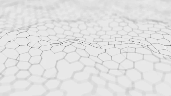Futuristic white hexagon background. Futuristic honeycomb concept. Wave of particles. 3D rendering. Data technology background