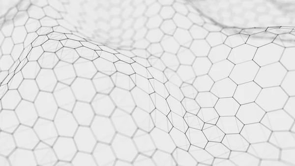 Futuristic white hexagon background. Futuristic honeycomb concept. Wave of particles. 3D rendering. Data technology background