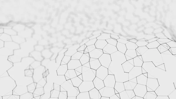 未来的な白い六角形の背景。未来的なハニカムコンセプト。粒子の波3D レンダリング。データ技術の背景 — ストック写真
