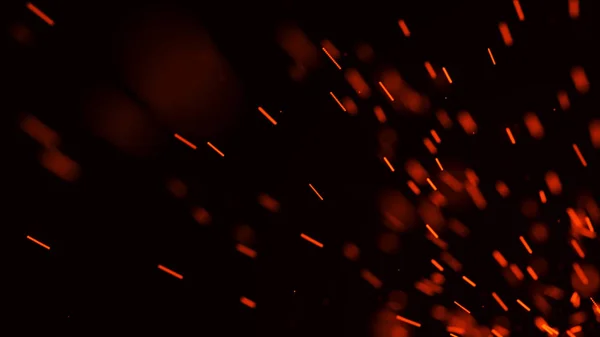 Feuer funkt im Hintergrund. Brennende rote Funken. Funkenflug. Verschwommenes helles Licht. 3D-Rendering — Stockfoto