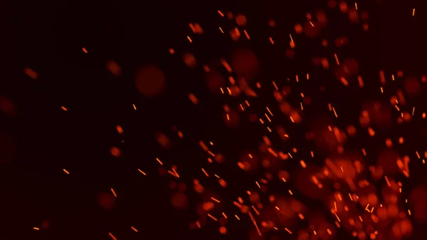 Feuer funkt im Hintergrund. Brennende rote Funken. Funkenflug. Verschwommenes helles Licht. 3D-Rendering — Stockfoto