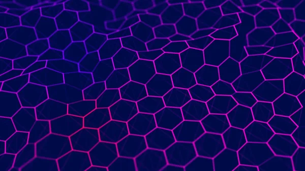 Futuristic blue hexagon background. Futuristic honeycomb concept. Wave of particles. 3D rendering. Data technology background