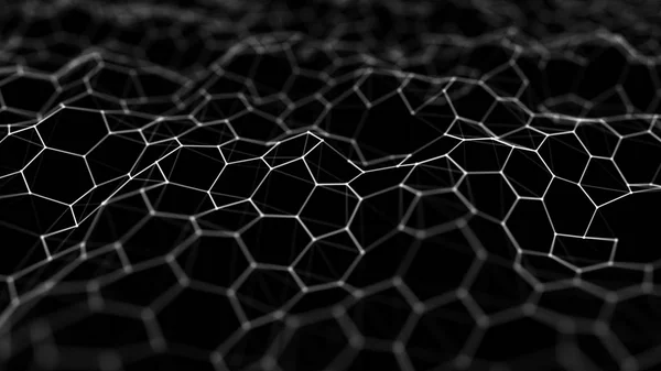 Futuristic black hexagon background. Futuristic honeycomb concept. Wave of particles. 3D rendering. Data technology background