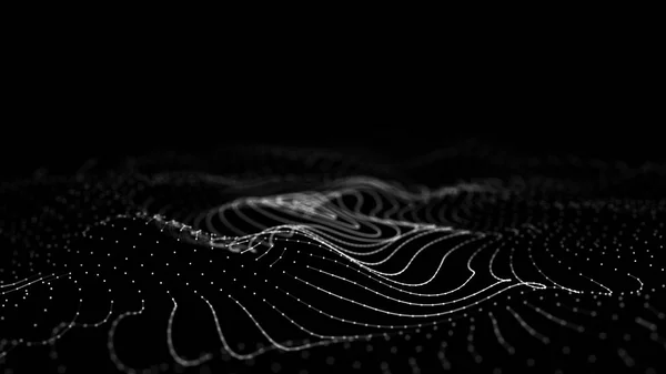 波の3D 。粒子の波。3D輝く抽象的なデジタル粒子の背景。データ技術のイラスト。ビッグデータ可視化。3Dレンダリング. — ストック写真