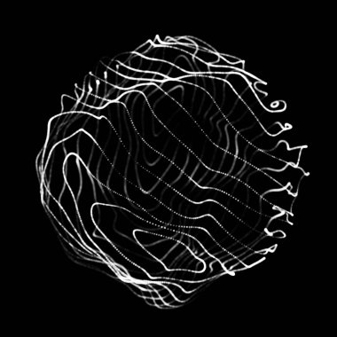 Soyut 3D küre. Bükülme çizgileri olan küre. Logo tasarımını büken parlak çizgiler. Dış uzay nesnesi. Gelecekçi teknoloji tarzı. Küre parçacıkları. 3d oluşturma.