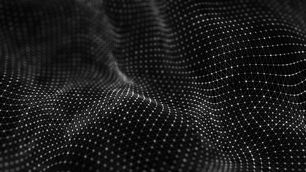 Wave 3D. Våg av partiklar. Abstrakt bakgrund med en futuristisk våg. Visualisering av stordata. Teknikkoncept. 3D-landskap. 3D-rendering. — Stockfoto