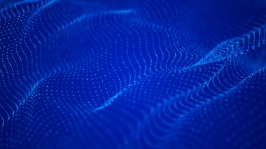 Dalga 3d. Parçacık dalgası. Fütüristik bir dalga ile soyut arka plan. Büyük veri görselleştirmesi. Teknoloji kavramı. 3d manzara. 3d render.