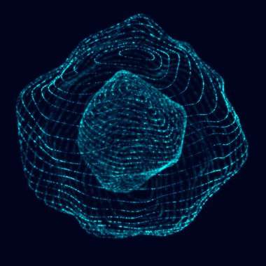 Soyut 3D küre. Bükülme çizgileri olan küre. Logo tasarımını büken parlak çizgiler. Dış uzay nesnesi. Gelecekçi teknoloji tarzı. Küre parçacıkları. 3d oluşturma.