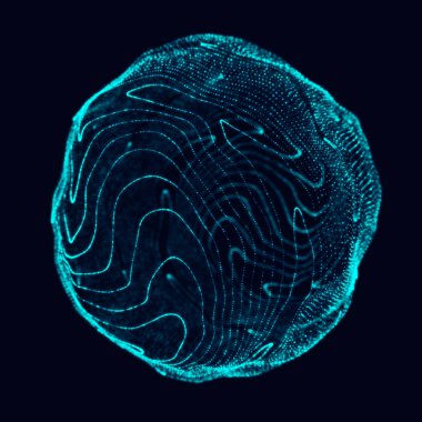 Soyut 3D küre. Bükülme çizgileri olan küre. Logo tasarımını büken parlak çizgiler. Dış uzay nesnesi. Gelecekçi teknoloji tarzı. Küre parçacıkları. 3d oluşturma.