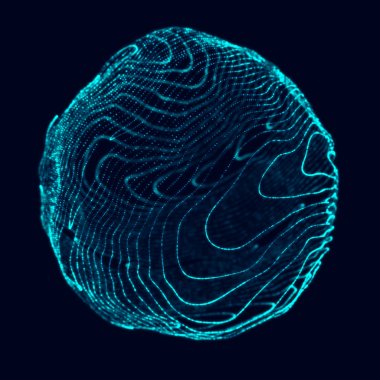 Soyut 3D küre. Bükülme çizgileri olan küre. Logo tasarımını büken parlak çizgiler. Dış uzay nesnesi. Gelecekçi teknoloji tarzı. Küre parçacıkları. 3d oluşturma.