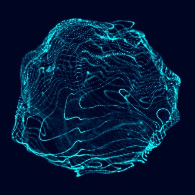 Soyut 3D küre. Bükülme çizgileri olan küre. Logo tasarımını büken parlak çizgiler. Dış uzay nesnesi. Gelecekçi teknoloji tarzı. Küre parçacıkları. 3d oluşturma.