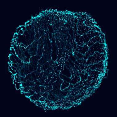 Soyut 3D küre. Bükülme çizgileri olan küre. Logo tasarımını büken parlak çizgiler. Dış uzay nesnesi. Gelecekçi teknoloji tarzı. Küre parçacıkları. 3d oluşturma.