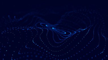 3 boyutlu dalga. Parçacık dalgası. Soyut dijital parçacıkların parladığı üç boyutlu arka plan. Veri teknolojisi çizimi. Büyük veri görselleştirmesi. 3d oluşturma
