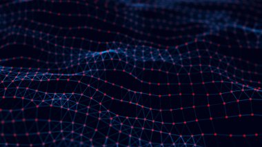 Dalga 3d. Soyut 3d büyük veri görselleştirme. Görsel bilgi karmaşıklığı. Pleksus etkiler. Ağ bağlantı yapısı. Soyut Sinir Ağı. 3d render.