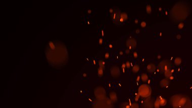 Yangın arka plan kıvılcımları. Kıvılcımlar saçar. Uçan kıvılcımlar. Bulanık parlak ışık. 3B görüntüleme