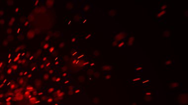 Yangın arka plan kıvılcımları. Kıvılcımlar saçar. Uçan kıvılcımlar. Bulanık parlak ışık. 3B görüntüleme