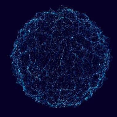 Soyut 3D küre. Bükülme çizgileri olan küre. Logo tasarımını büken parlak çizgiler. Dış uzay nesnesi. Gelecekçi teknoloji tarzı. Küre parçacıkları. 3d oluşturma.