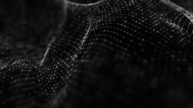 Dalga 3d. Parçacık dalgası. Fütüristik bir dalga ile soyut arka plan. Büyük veri görselleştirmesi. Teknoloji kavramı. 3d manzara. 3d render.