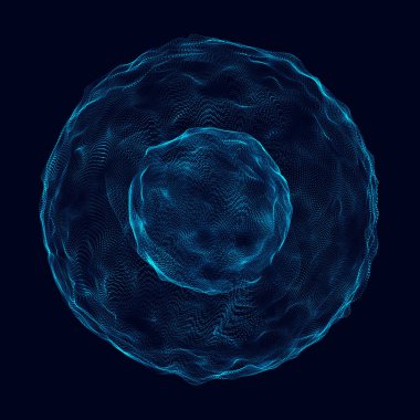 Soyut 3D küre. Bükülme çizgileri olan küre. Logo tasarımını büken parlak çizgiler. Dış uzay nesnesi. Gelecekçi teknoloji tarzı. Küre parçacıkları. 3d oluşturma.