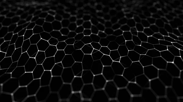 Futuristic black hexagon background. Futuristic honeycomb concept. Wave of particles. 3D rendering. Data technology background