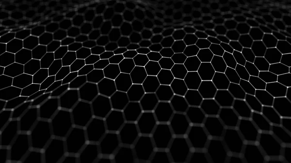 Futuristisk svart Hexagons bakgrund. Futuristisk Honeycomb Concept. Våg av partiklar. 3D-rendering. Data teknikens bakgrund — Stockfoto