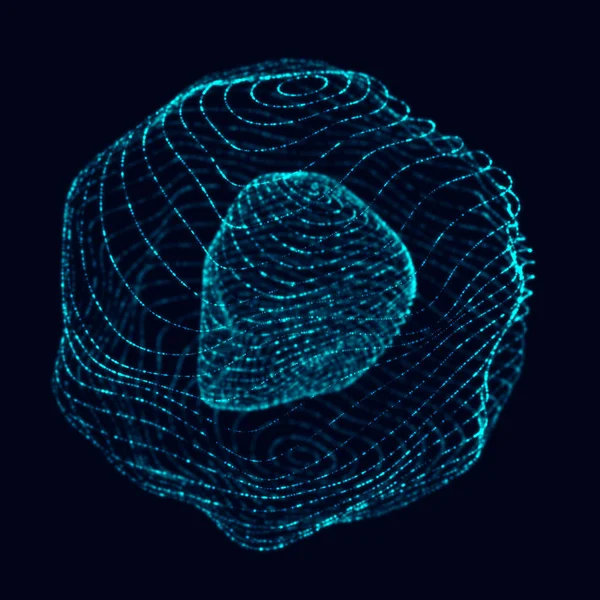 Soyut 3D küre. Bükülme çizgileri olan küre. Logo tasarımını büken parlak çizgiler. Dış uzay nesnesi. Gelecekçi teknoloji tarzı. Küre parçacıkları. 3d oluşturma.