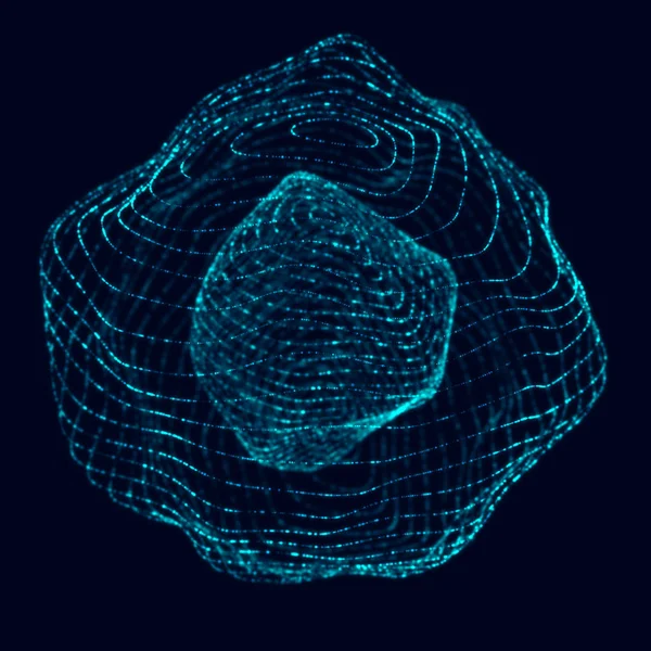 Soyut 3D küre. Bükülme çizgileri olan küre. Logo tasarımını büken parlak çizgiler. Dış uzay nesnesi. Gelecekçi teknoloji tarzı. Küre parçacıkları. 3d oluşturma.