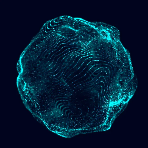 Soyut 3D küre. Bükülme çizgileri olan küre. Logo tasarımını büken parlak çizgiler. Dış uzay nesnesi. Gelecekçi teknoloji tarzı. Küre parçacıkları. 3d oluşturma.