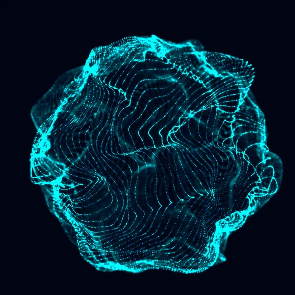 Soyut 3D küre. Bükülme çizgileri olan küre. Logo tasarımını büken parlak çizgiler. Dış uzay nesnesi. Gelecekçi teknoloji tarzı. Küre parçacıkları. 3d oluşturma.