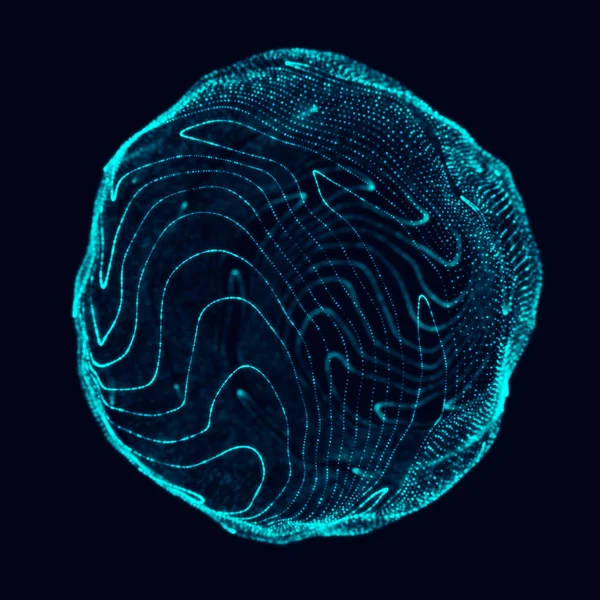 Soyut 3D küre. Bükülme çizgileri olan küre. Logo tasarımını büken parlak çizgiler. Dış uzay nesnesi. Gelecekçi teknoloji tarzı. Küre parçacıkları. 3d oluşturma.