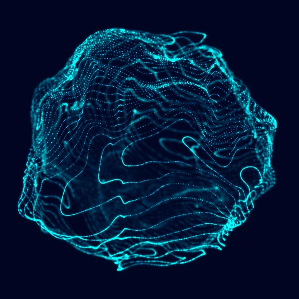 Soyut 3D küre. Bükülme çizgileri olan küre. Logo tasarımını büken parlak çizgiler. Dış uzay nesnesi. Gelecekçi teknoloji tarzı. Küre parçacıkları. 3d oluşturma.