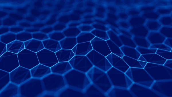 Futuristic blue hexagon background. Futuristic honeycomb concept. Wave of particles. 3D rendering. Data technology background