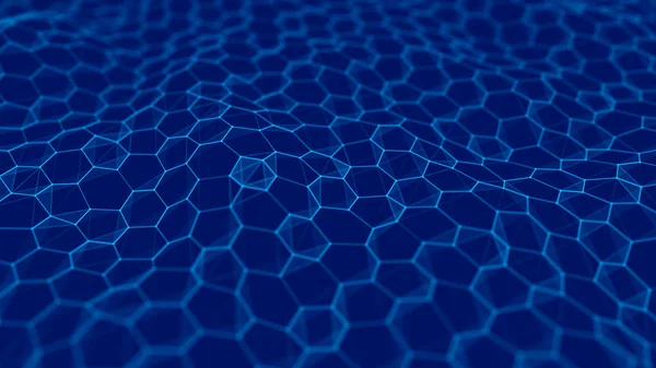 Futuristiska blå hexagon bakgrund. Futuristiska honeycomb koncept. Vinka med partiklar. 3D-återgivning. Datateknisk bakgrund — Stockfoto