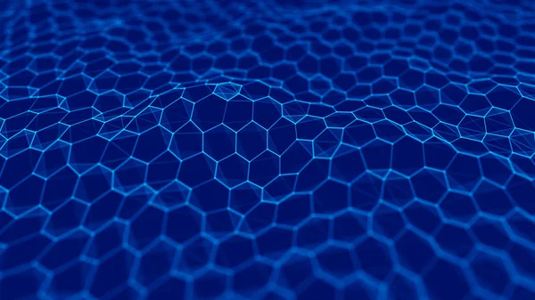 Futuristico sfondo esagonale blu. Futuristico concetto a nido d'ape. Ondata di particelle. rendering 3D. Antecedenti tecnologici — Foto Stock