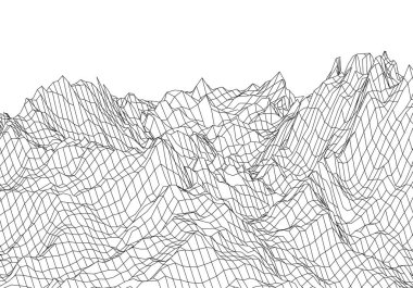 Wireframe 3D landscape mountains. Futuristic 3D cartography. Wireframe landscape wire. Cyberspace grid.