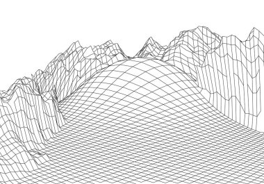 Wireframe 3D landscape mountains. Futuristic 3D cartography. Wireframe landscape wire. Cyberspace grid.