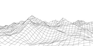 Wireframe 3D landscape mountains. Futuristic 3D cartography. Wireframe landscape wire. Cyberspace grid.